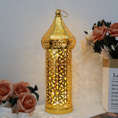 Moroccan Style Temple Hollow Iron Lantern, Vintage Ramadan Lamp Home Decoration Lights Ornaments,Hanging Metal Battery Operated for Table Indoor Decor