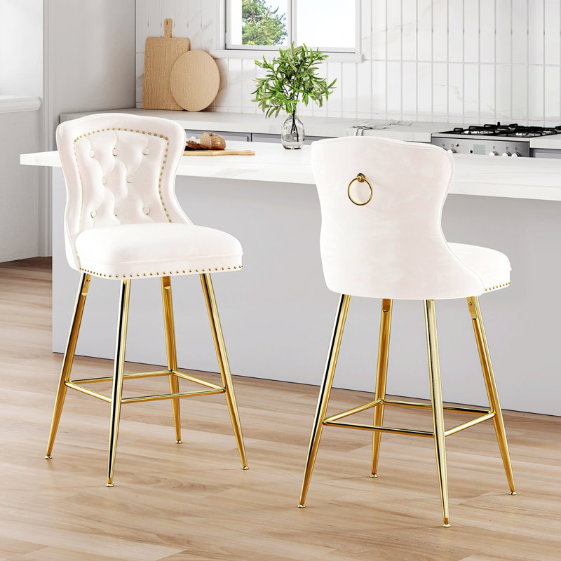 Ensemble de 2 tabourets de bar avec boutons capitonnés et têtes de clous, tabourets de bar à hauteur de comptoir avec pieds en métal