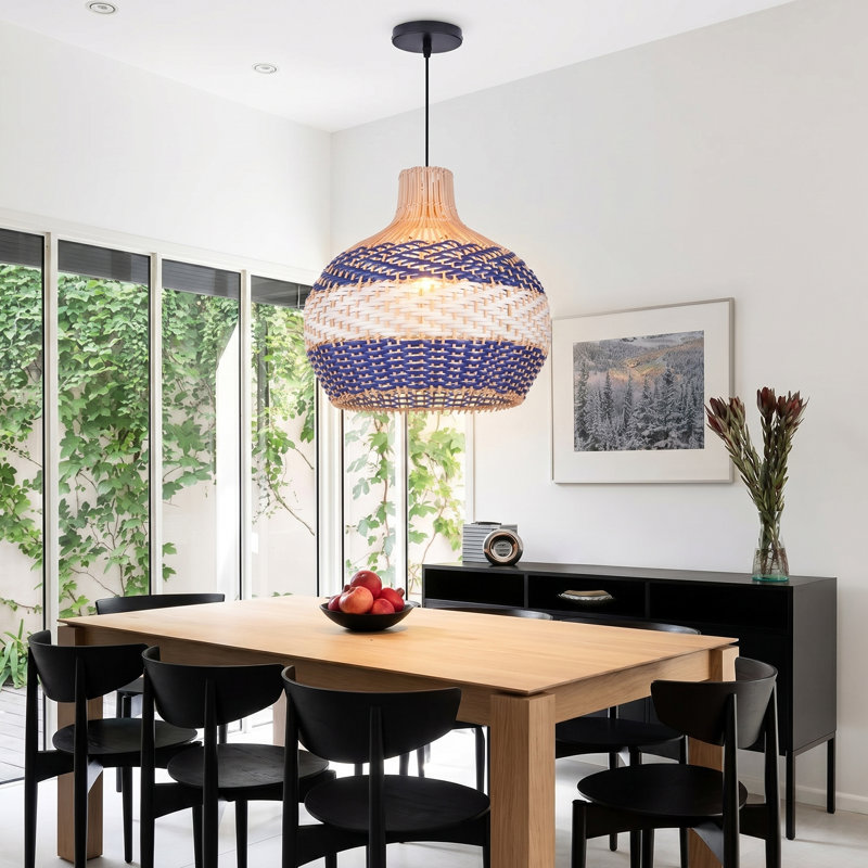 Luminaire suspendu en rotin tissé à la main bleu et blanc, plafonnier suspendu en osier de style bord de mer Boho