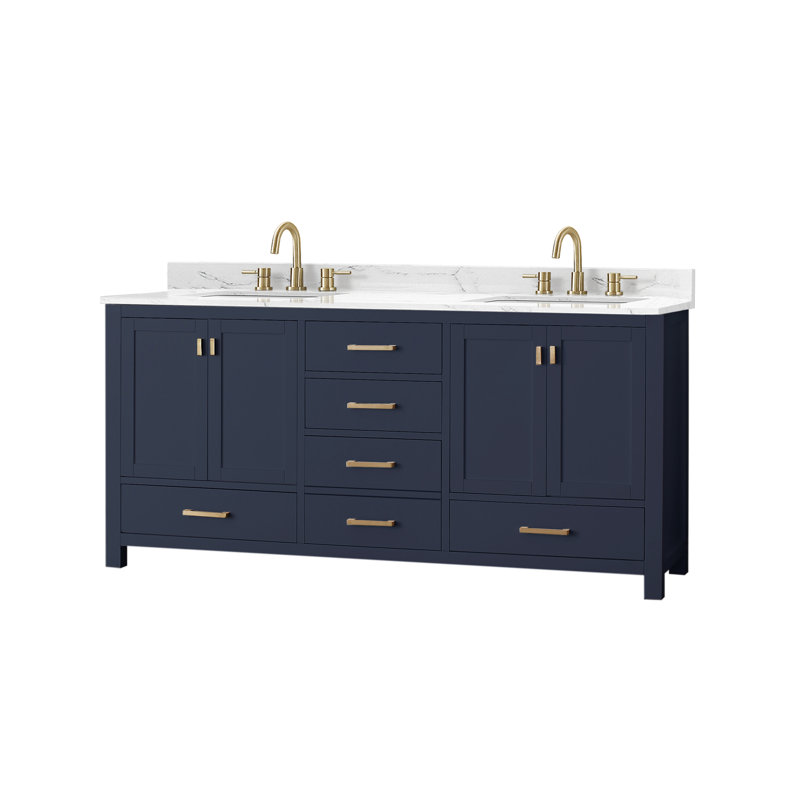 Modero 72" Double Bathroom Vanity with Top, Navy Blue, Cala White Marble