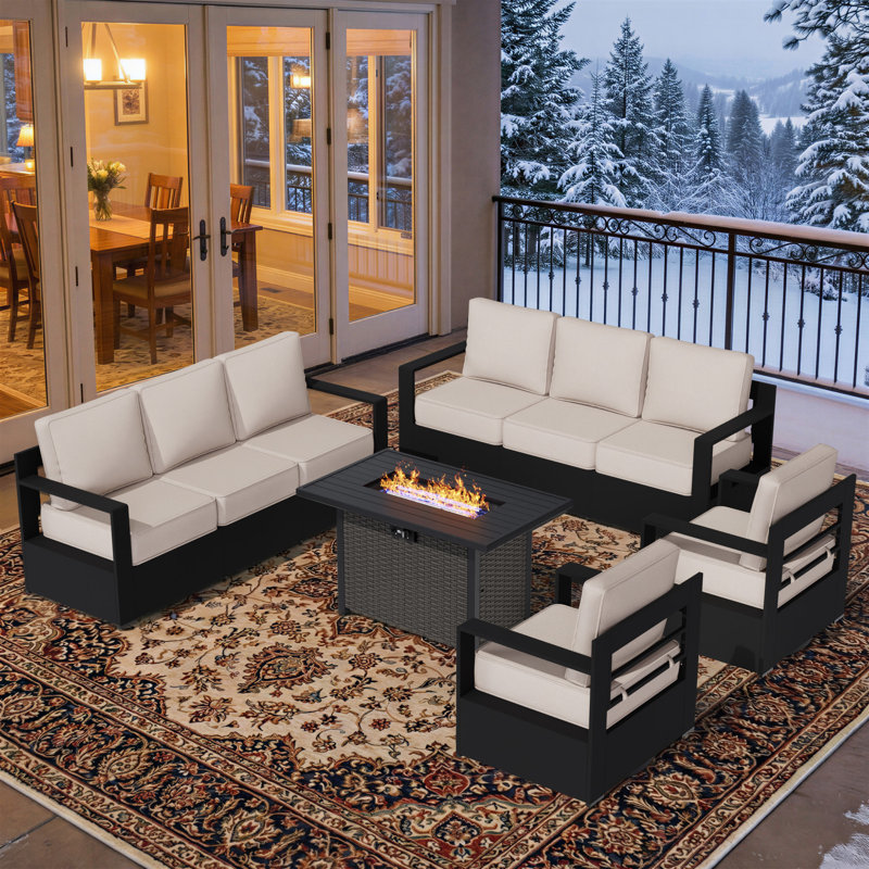 8-Person Aluminum & Iron Outdoor Lounge Set with Plush Cushions and Convertible Fire Pit Table, Beige, Black/Gray