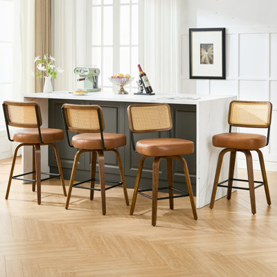 26" Swivel Counter Stool with Rattan Back and Walnut-Finish Bentwood Legs