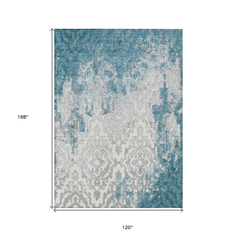 Tapis intérieur / extérieur lavable 10 pi x 14 pi bleu sarcelle, gris et ivoire