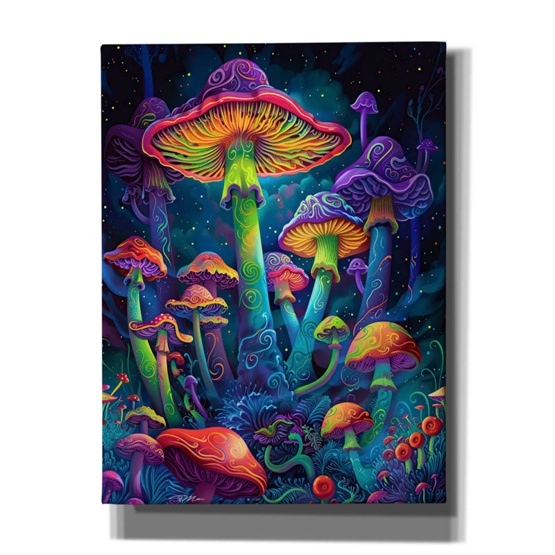 Art mural sur toile, "psychedelic champignons" par Momart, H 16 po x l 12 po x P 0,75 po