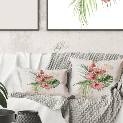 Housse de coussin et insert carré Tropical Bouquet avec Anthurium lupin et feuilles I