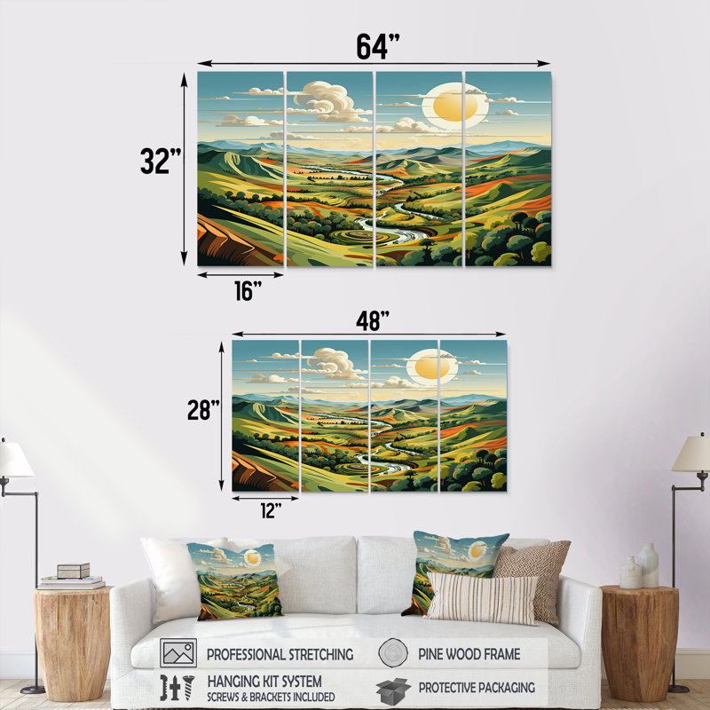 «Bold Country Side Landscape III - Meadow», ensemble de 4 pièces d'art mural, H 32 po x l 64 po