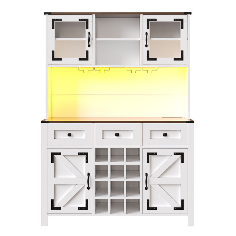 Kitchen Cabinet with 4 Doors & 3 Drawers, USB Ports & Power Outlets, LED Light Strip, Modern Sideboard for Living Room Storage
