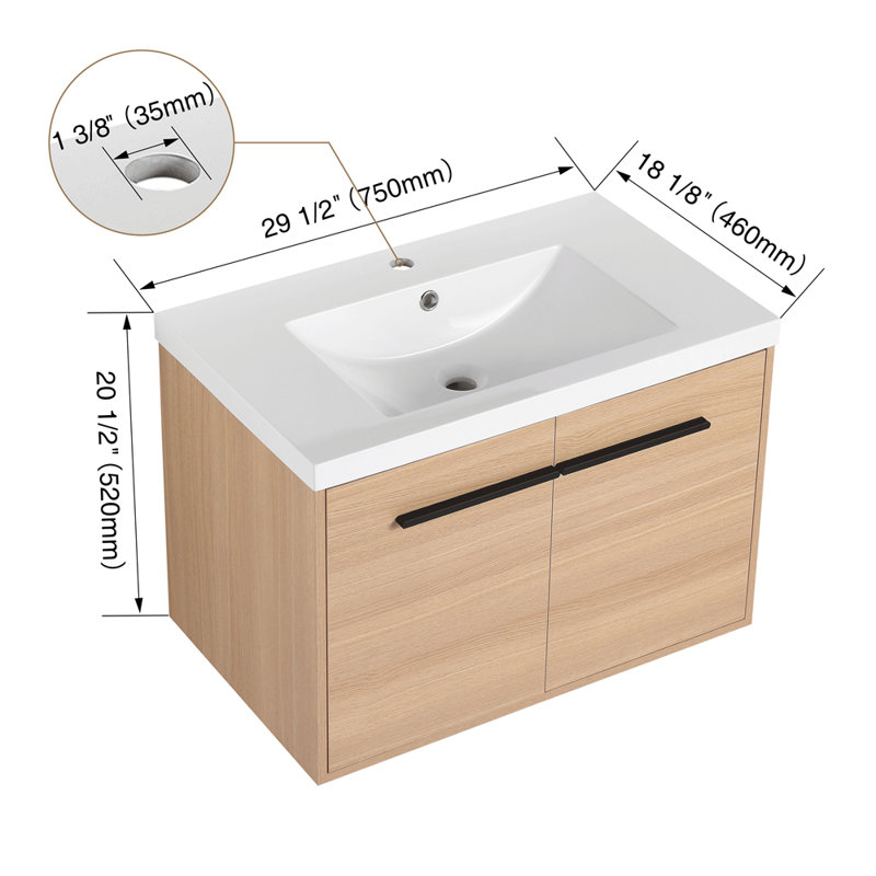 Oak 30 Inch Bathroom Vanity With Resin Countertop Sink, 2 Doors Bathroom Cabinet Set