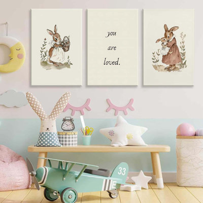 3 Pcs Bunny Nursery Canvas Wall Art Retro Cute Bunny Painting Picture Wall Decor Vintage Rabbit Mom And Baby Poster Print Artwork For Room Bedroom Living Room Home Decoration