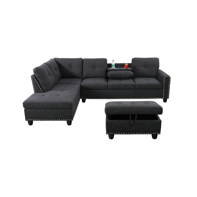 Ahuva Upholstered Sectional Left Hand Facing, Black Grey 100% Linen, Left Hand Facing