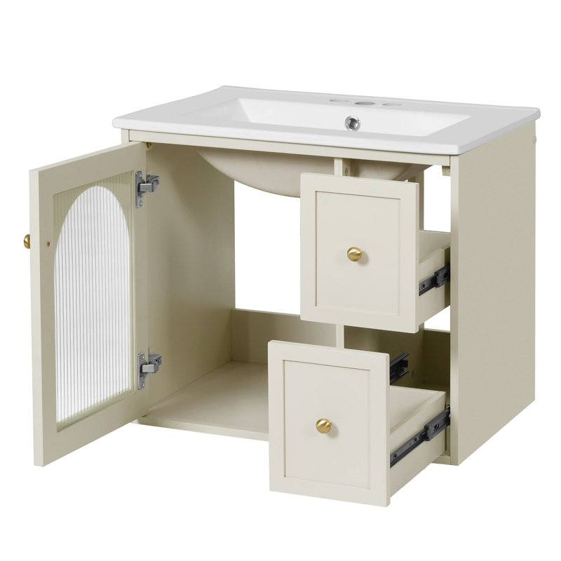 Meuble-lavabo mural de 24 po, lavabo en céramique, présentoir de porte en verre, 2 tiroirs, rangement intelligent, installation facile, porte de salle de bain contemporaine à 1 fermeture en douceur, installation, décoration