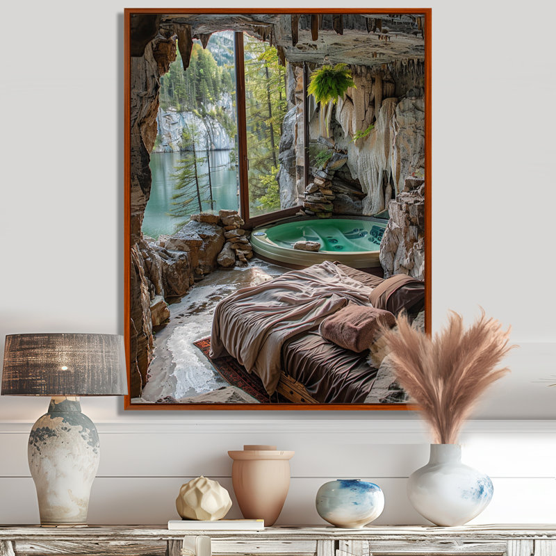 «Beach Cabin In Cave In Tropical Paradise», reproduction d'art mural plage et océan, Toile avec cadre flottant brun