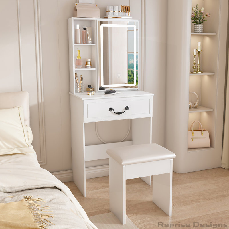 Modern Dressing Table with LED-lit Mirror and Hidden Storage