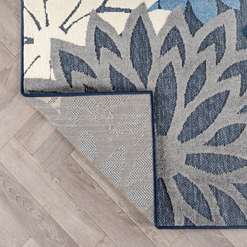 Floral Navy/Ivory Indoor/Outdoor High-Low Area Rug, Rectangle 6'7" x 9', Navy