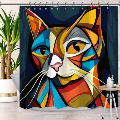 Mid Century Modern Cat Shower Curtain - Abstract Geometric Vintage Design, Waterproof Polyester Fabric With Rustproof Metal Grommets And Hooks, HD Digital Printing For Bathroom Decor