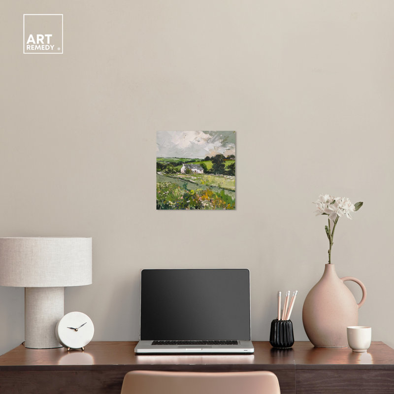 Hidden Home Green and White Landscape Canvas Art, 12" x 12"