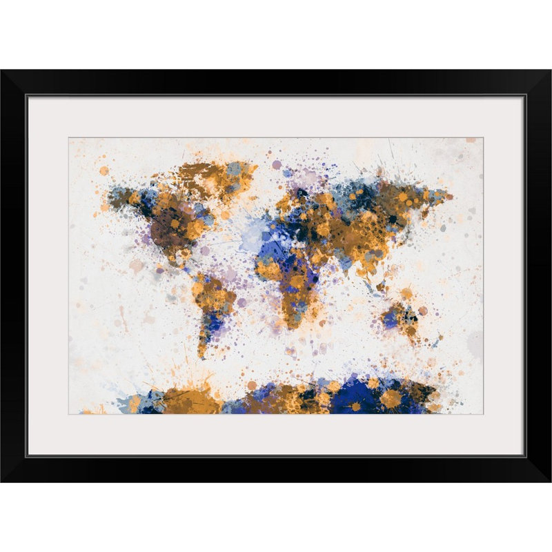«World Map Paint Splash» par Francy, impression en jaune et bleu, H 24 po x l 32 po x P 1 po, Bleu / jaune, Cadre noir