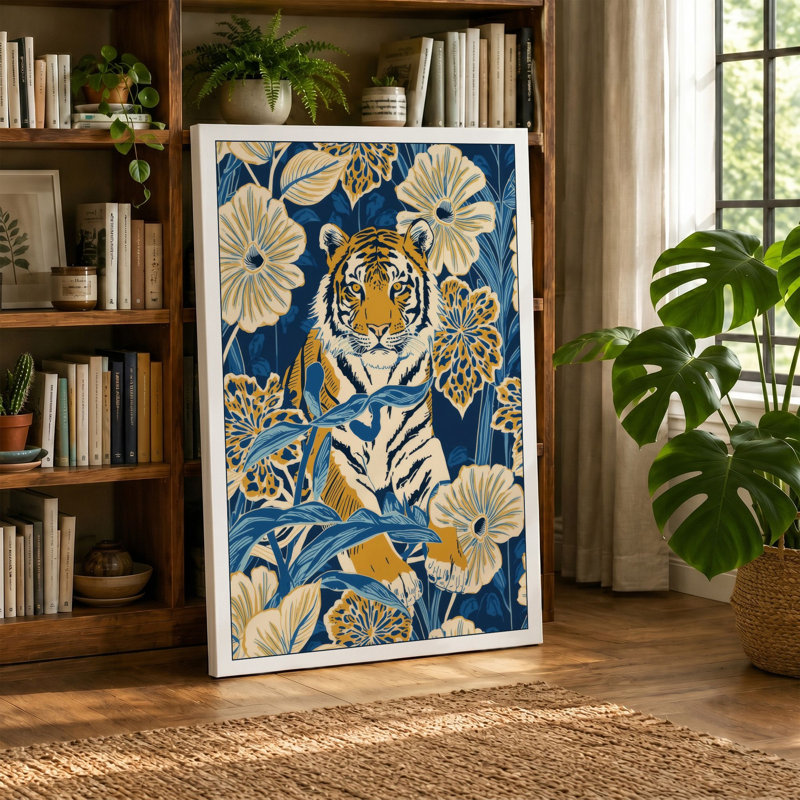 Tiger in Bloom Botanical - Wrapped Canvas, 24x16 - 61.0 x 40.6 cm, Ochre Border