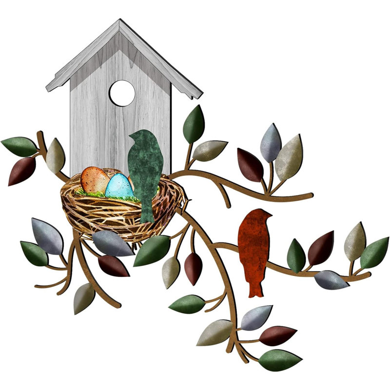 Décoration murale en métal pour oiseaux en plein air avec arbre suspendu et cabane à oiseaux pour le salon