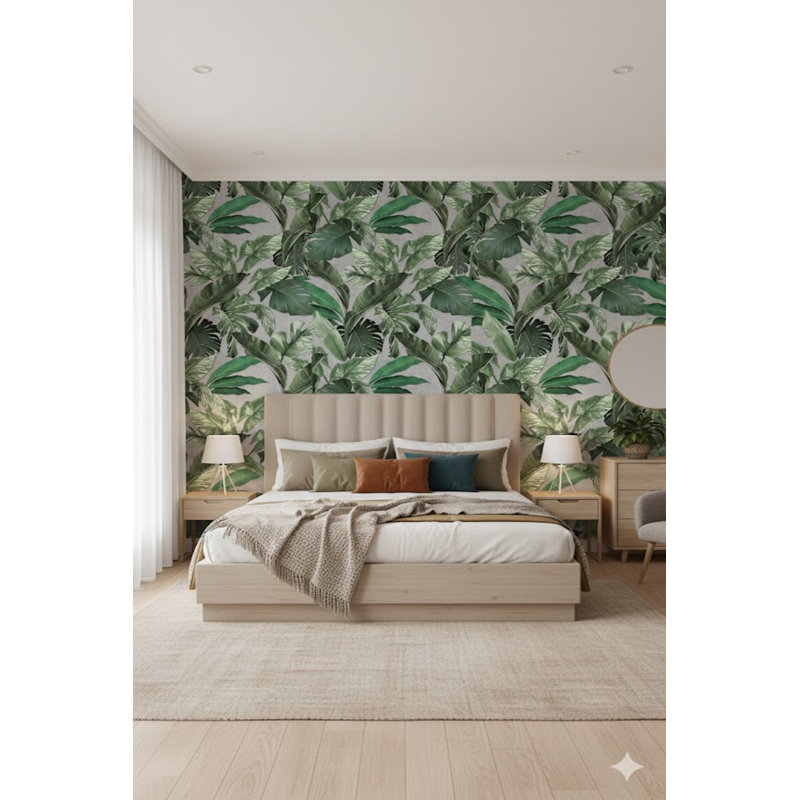 The Loft Collection Tropical Leaf 3-Panel Wall Mural, Grey