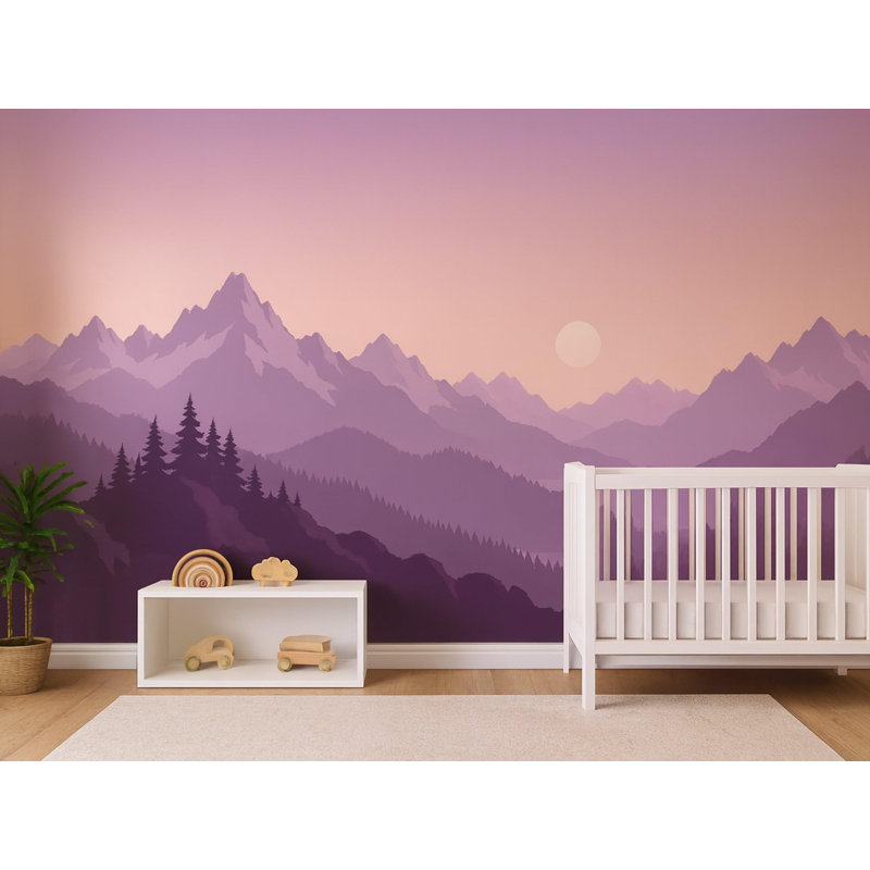 Lilac Sunset Mountains Wallpaper Mural, Peel and Stick Kids Room Wall Mural, Layered Silhouette Landscape Nursery Wallpaper