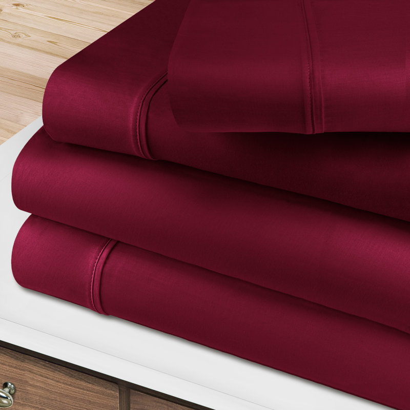 BNM Gisla Deep Pocket 400-Thread Count Standard Cotton Solid Sheet Set, Burgundy, Queen Sheet Set with 2 Pillowcases
