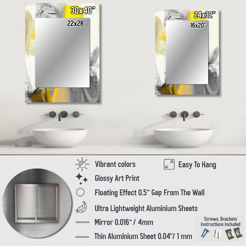Mustard Yellow And Vivid Gray I - Abstract Decorative Mirror, Modern Wall Mirror, Printed Metal Art, 40" x 30"
