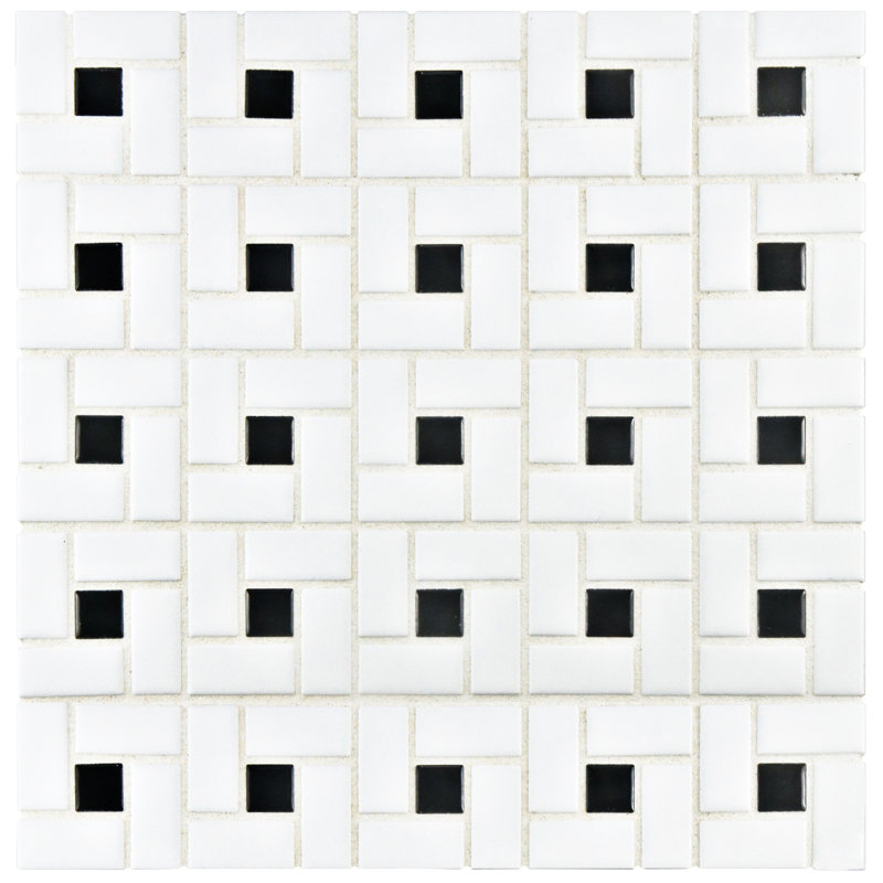 Carreau de mosaïque en porcelaine pour mur et plancher de 2 po x 2 po Spiral, Blanc/noir