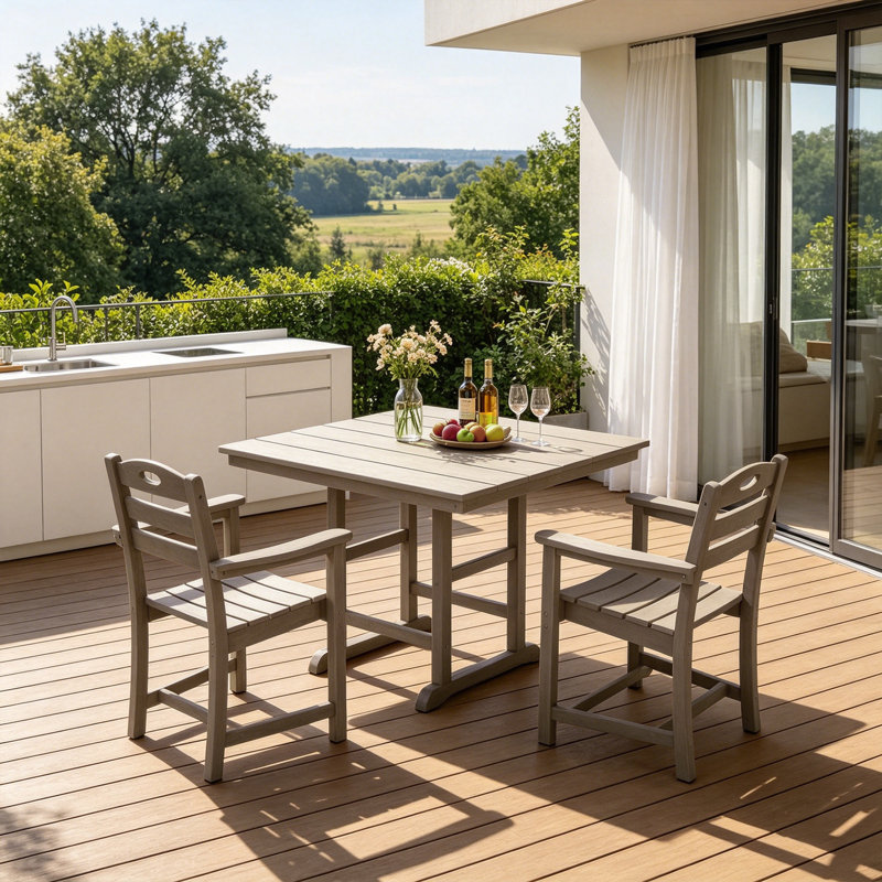 Ensemble repas d'extérieur avec table carrée et 2 fauteuils, Beige