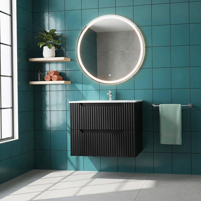 Meuble-lavabo mural avec lavabo, armoire de salle de bain flottante avec système de fermeture en douceur, 24", Noir