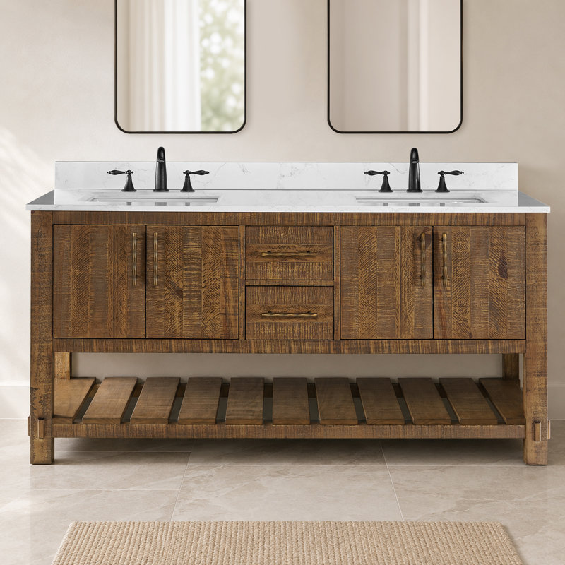 Meuble-lavabo 60 po avec lavabo Farmhouse, bois massif, 2 tiroirs, 4 portes à fermeture douce, tablette de rangement ouverte, comptoir et dosseret en marbre 0,79 po, brun rustique
