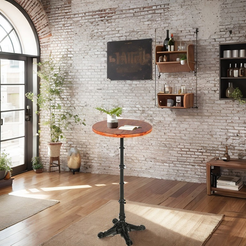 Shavera Pine Round Solid Wood Top Metal Base Dining Table, Brown