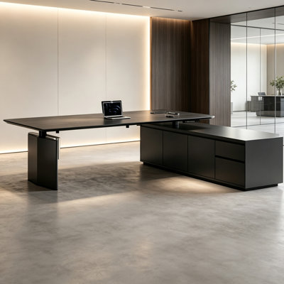 86.61" Italian Light Luxury Black L-Shaped Dual-Motor Height-Adjustable Desk, Solid Wood Desktop, Multi-Functional Storage Side Cabinet, Built-In Power Outlet, Wireless Charging, Lockable Drawer