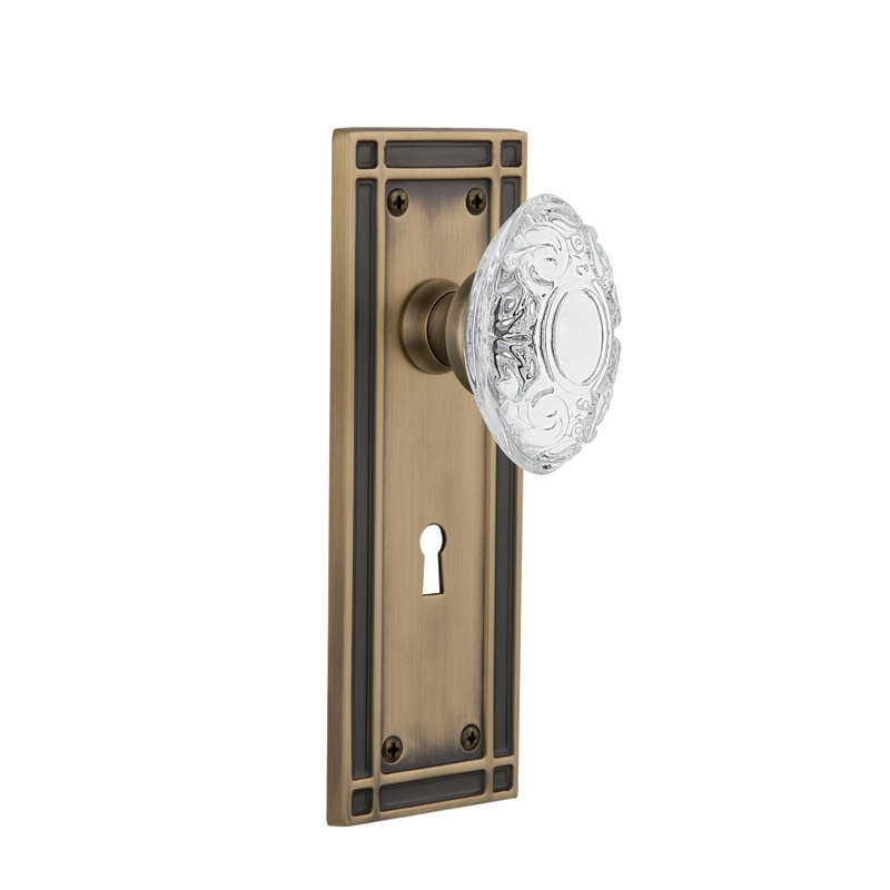 Plaque de porte à mortaise intérieure en cristal avec mission longue mission Victorian, Laiton antique