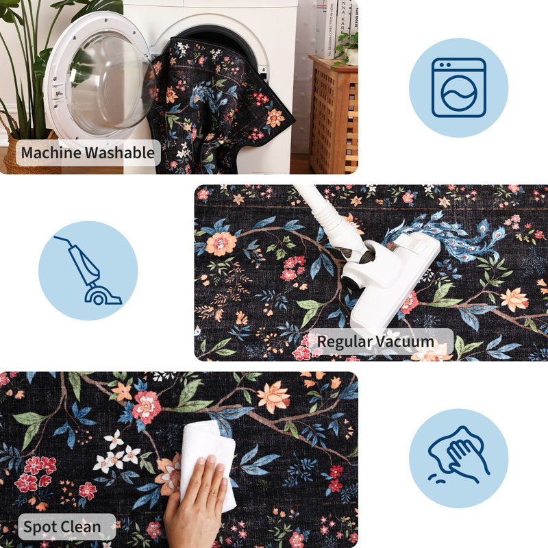 Washable Floral Rug Non Slip Modern Farmhouse Living Room Carpet Non Shedding Low Pile Floor Mats Foldable Print Accent Indoor Rug for Bedroom Playroom Nursery