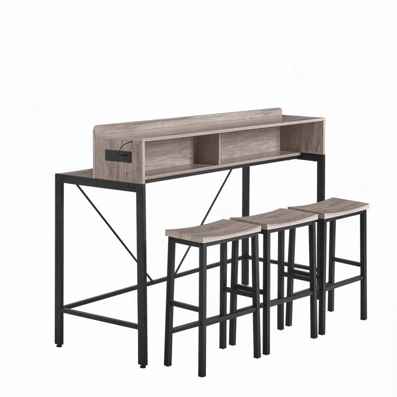 59"Console Table with Power Socket and LED light, 3 Saddle Stools, Gray