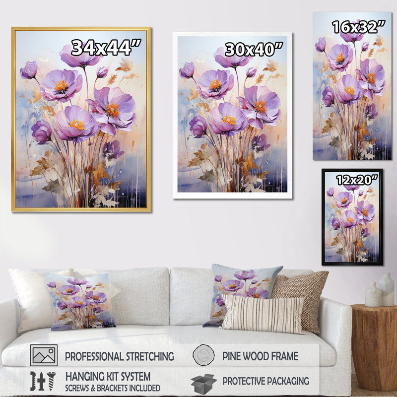 «Purple Buttercups Mystical Moments I», reproduction sur toile, Cadre simple noir, H 32 po x l 16 po x P 1 po