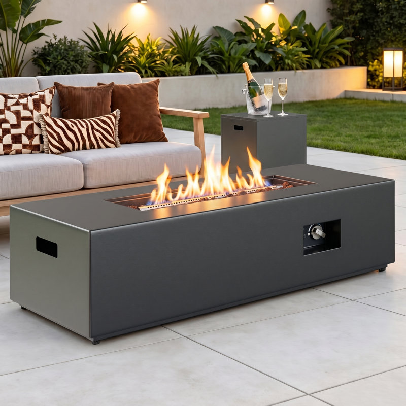 Table de foyer d'extérieur au propane de 44 po avec table d'appoint avec rangement pour réservoir, foyer extérieur de 50 000 BTU avec couvercle, pierres de lave et housse de pluie