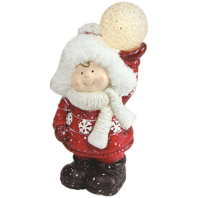 Figurine décorative de Noël matin de garçon tenant une boule de neige