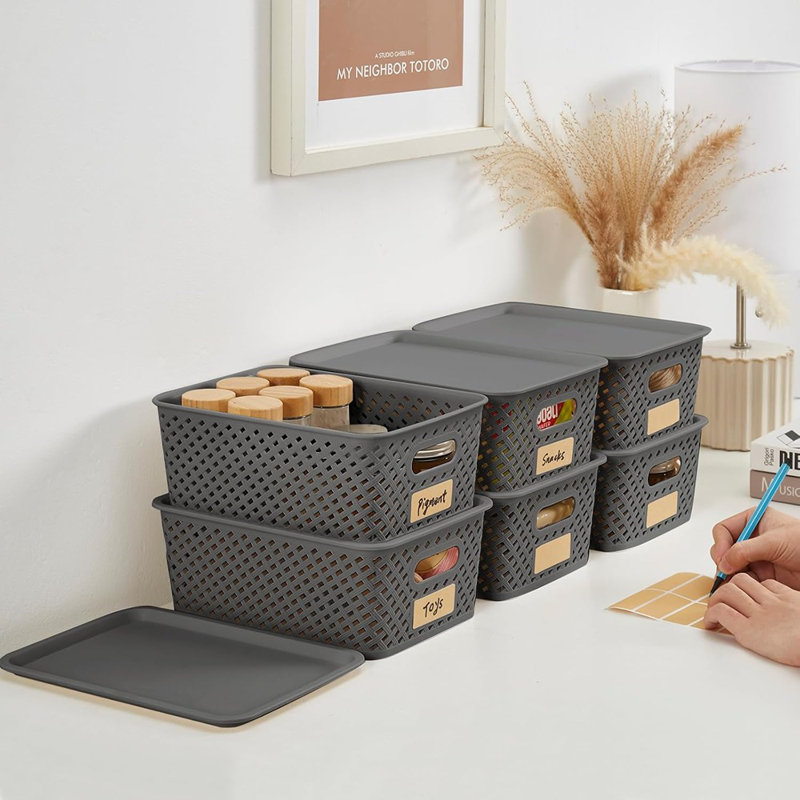 Small Plastic Twill Woven Storage Baskets With Lids, Stackable Organizing Containers With Labels For Pantry Closet Office, 6-Pack,10.35"X7.3"X4.09", Grey