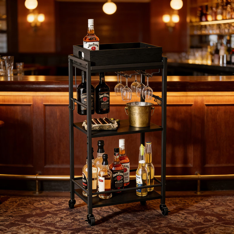 Chariot-bar roulant à 3 niveaux avec plateau amovible, support à vin et roues verrouillables - Chariot de service mobile pour la cuisine et les boissons