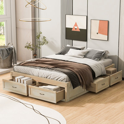 Grand lit plateforme avec 6 tiroirs de rangement - Lit de rangement peu encombrant, finition naturelle antique