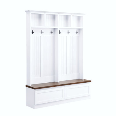 Farmhouse 4-In-1 Hall Tree With Wood Grain Bench And Storage Drawers, White