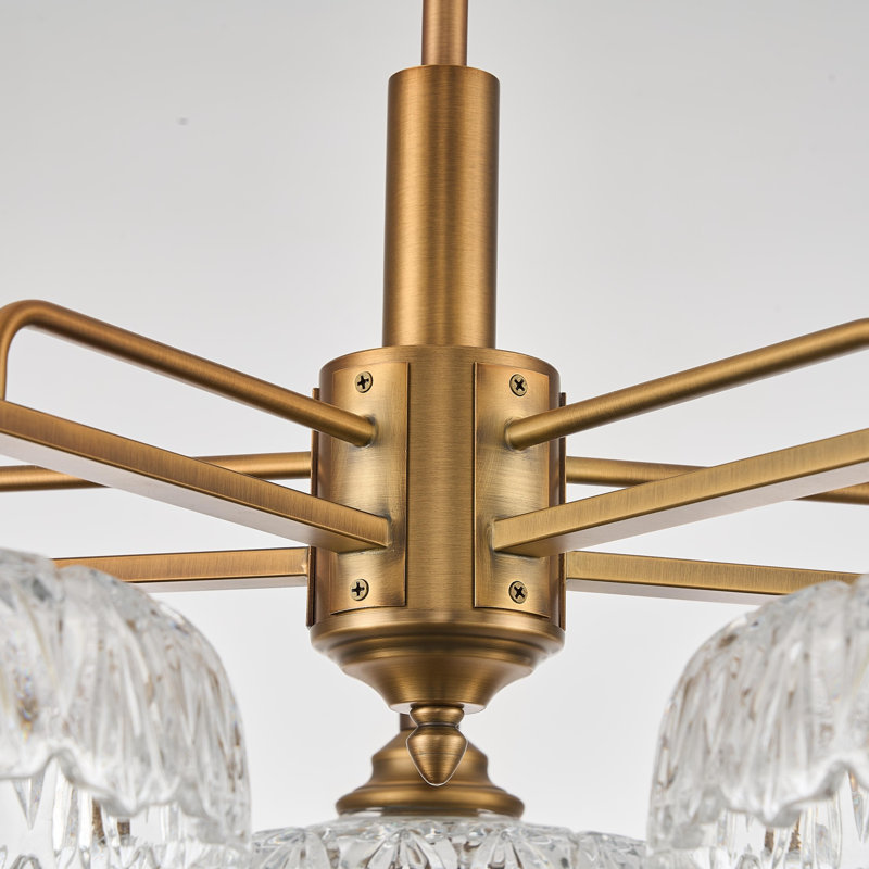 Lustre vintage à 5 branches en laiton avec abat-jour en verre transparent nervuré pour décoration intérieure, 5 lumières