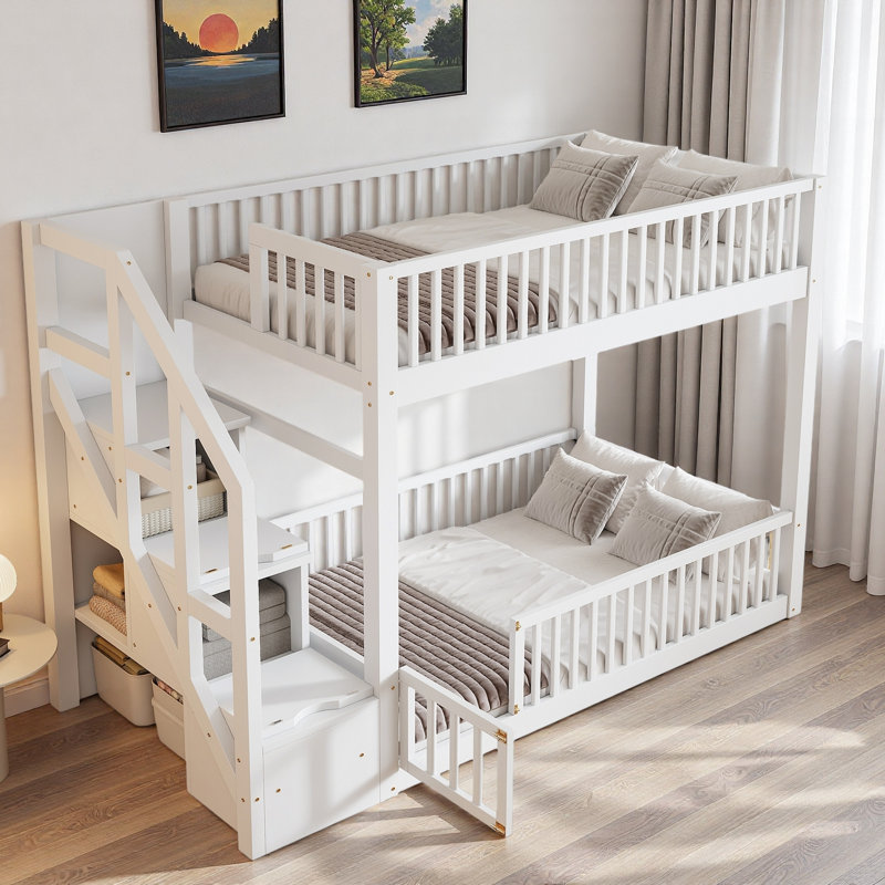 Lit superposé au sol avec escalier de rangement et garde-corps, Blanc