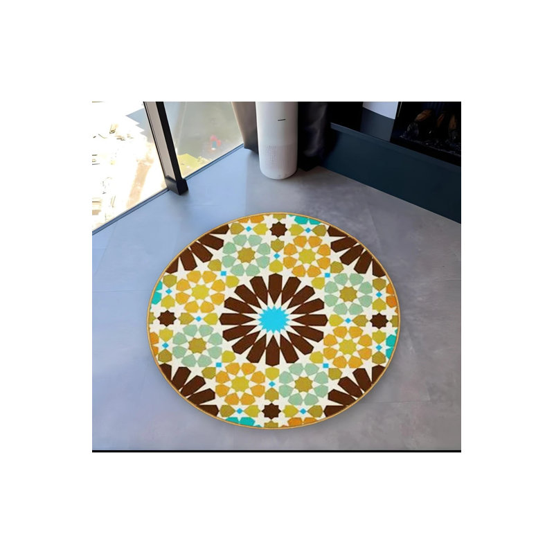 Fascinating Yellow Green Patterned Woven Base Decorative Carpet, Round 3'4"
