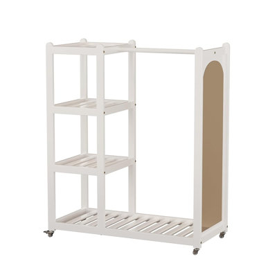 Portant à vêtements pleine grandeur en bois massif Aaryahi | Armoire ouverte multifonctionnelle avec tablettes de rangement | Organisateur de vêtements mobile avec roulettes