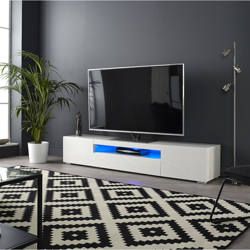 Meuble télé 78,74 po Tague avec lumières à DEL bleues, tablette pour barre de son et 3 armoires Tague - console multimédia moderne 79 po avec rangement audiovisuel rabattable et gestion des câbles pour les téléviseurs de 88 à 90 po (capacité de 
