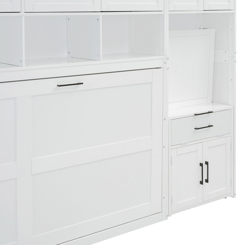 Lit escamotable mural simple avec placard, tiroirs et bureau - blanc