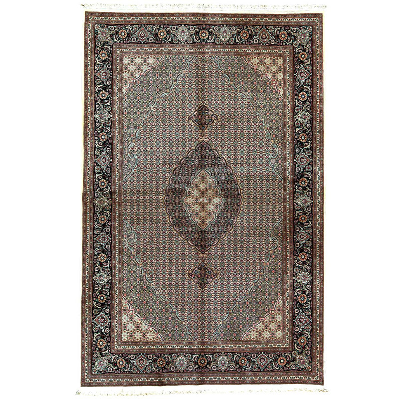 Tapis gris / noir / beige noué à la main de haute qualité et unique